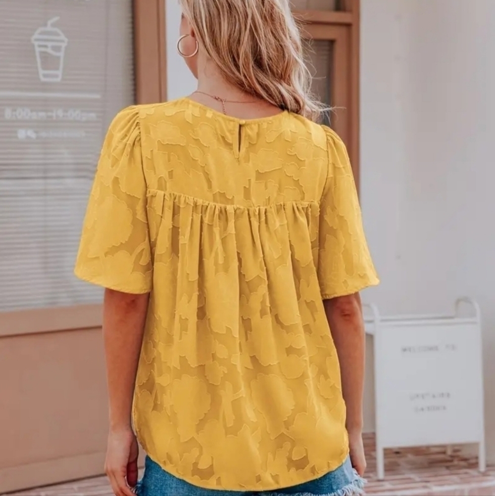 Casual Lace Flare Sleeve Blouse, Short Sleeve Crew Neck Solid Blouse. - Picture 2 of 12